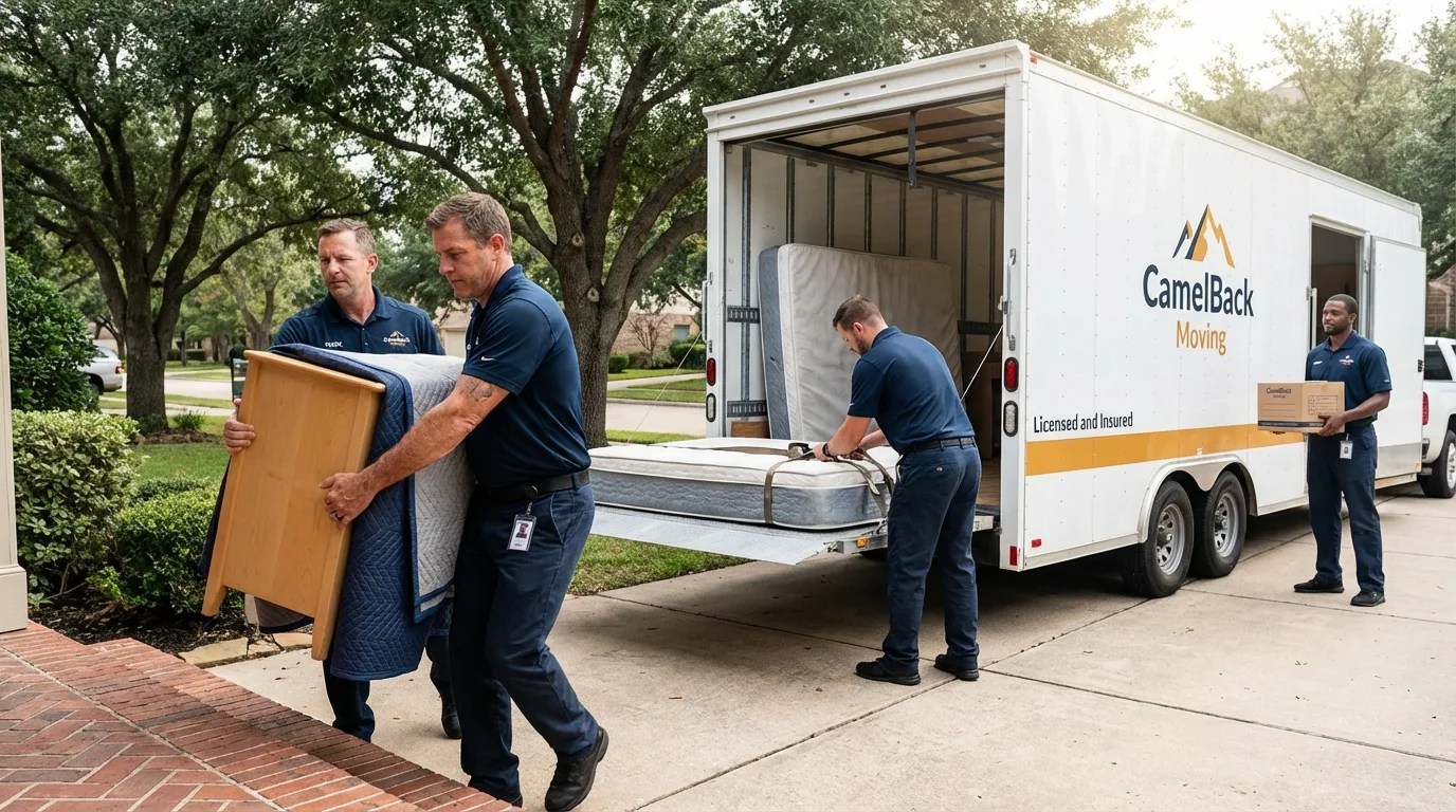 Crew loading residential truck for cross-state move from Lake Arthur, LA