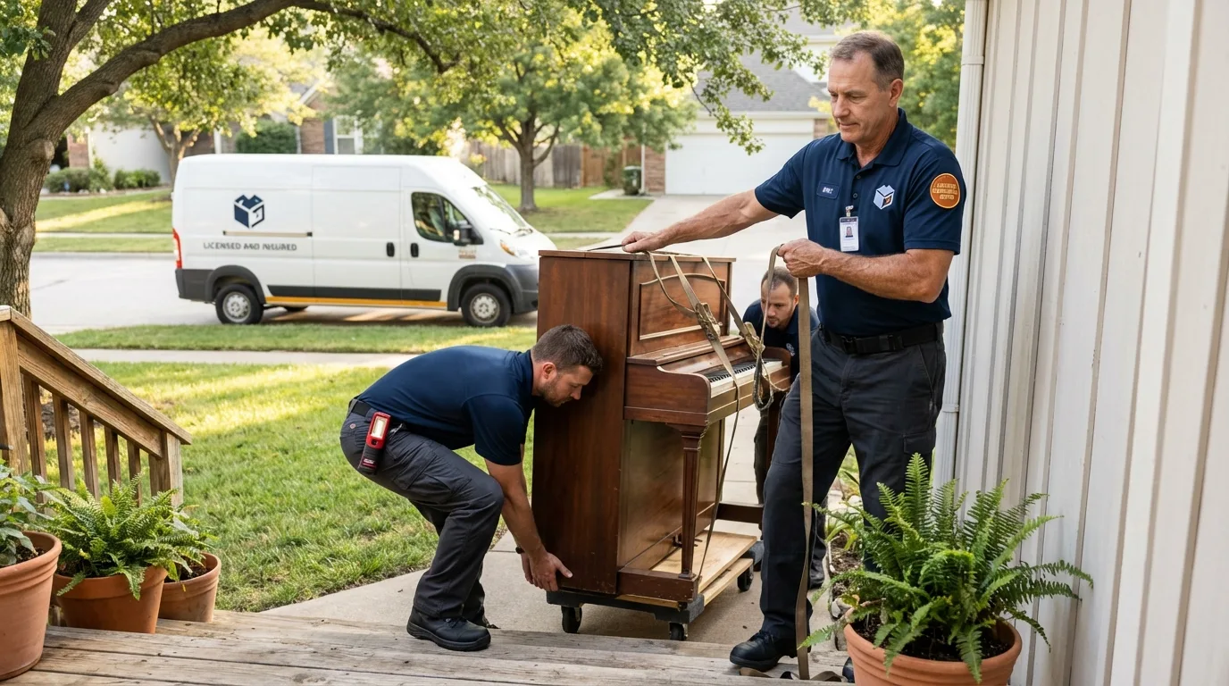 Licensed piano movers securing grand piano in Lake Arthur, LA