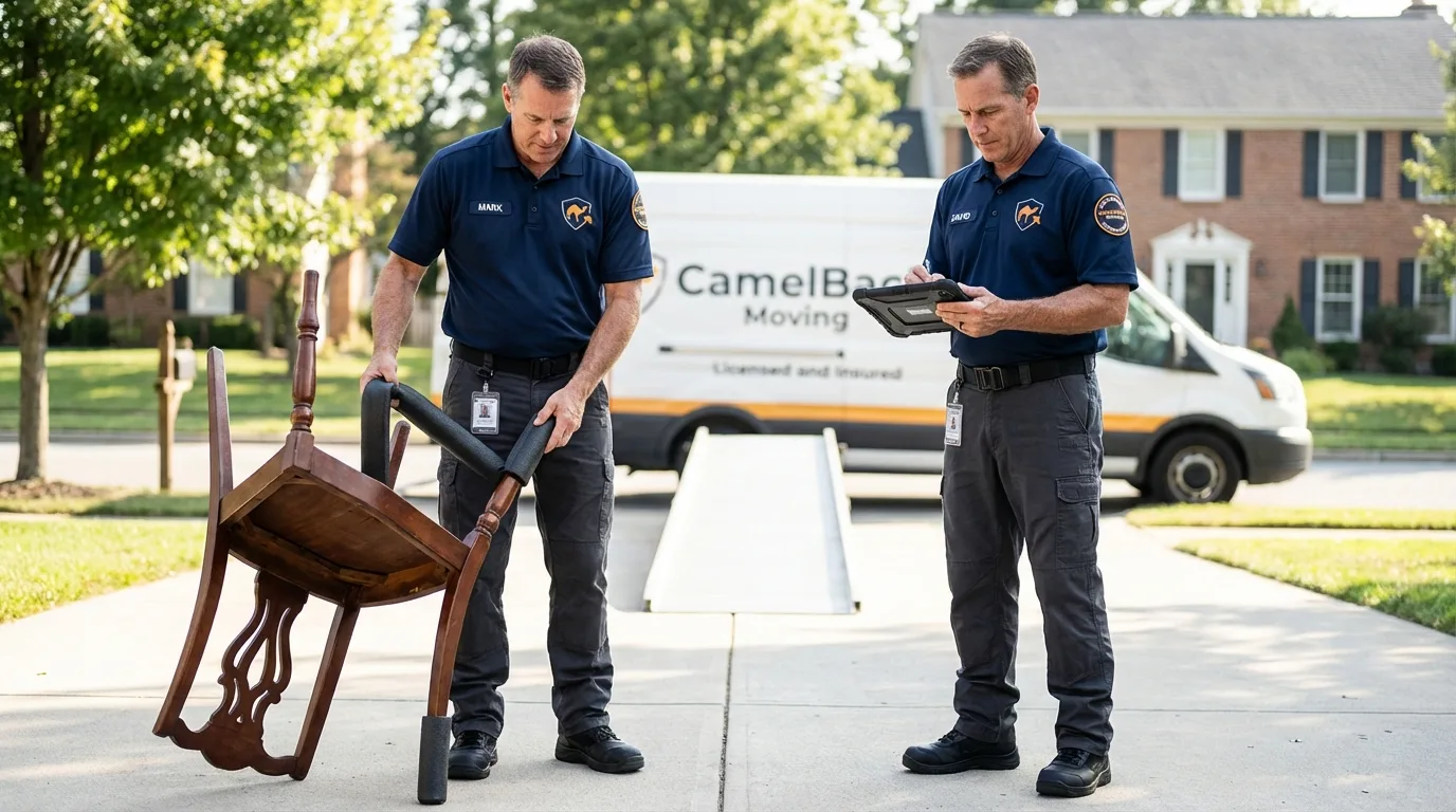 Movers inspecting furniture for damage prevention before loading in Lake Arthur, LA