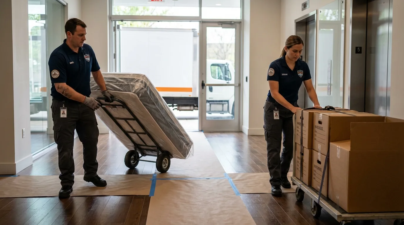 Professional apartment movers loading elevator in Lake Arthur, LA